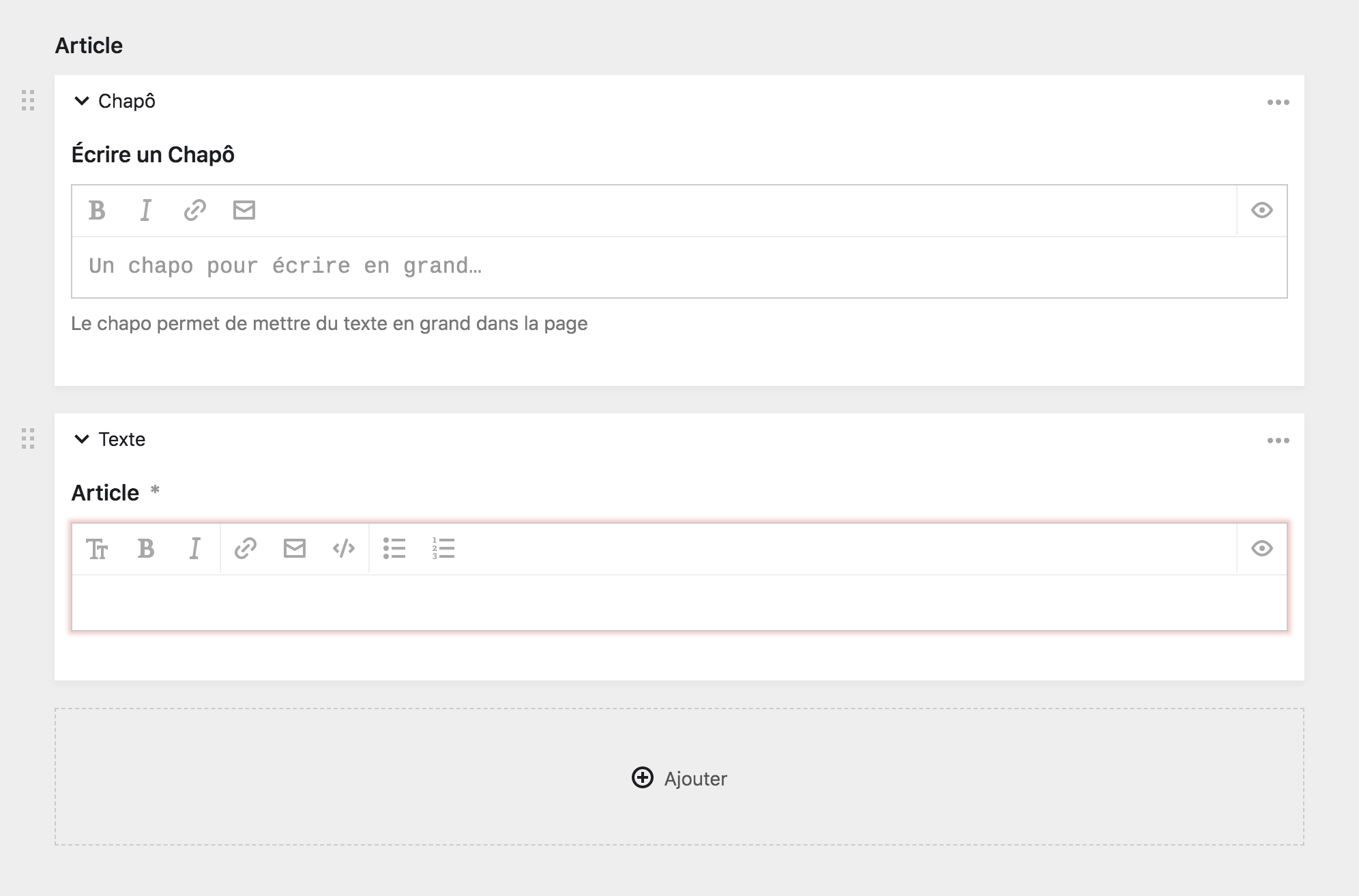 L&rsquo;éditeur de bloc avec deux blocs