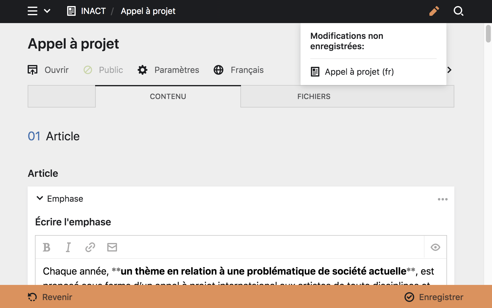 Aperçu des changements non sauvegardé