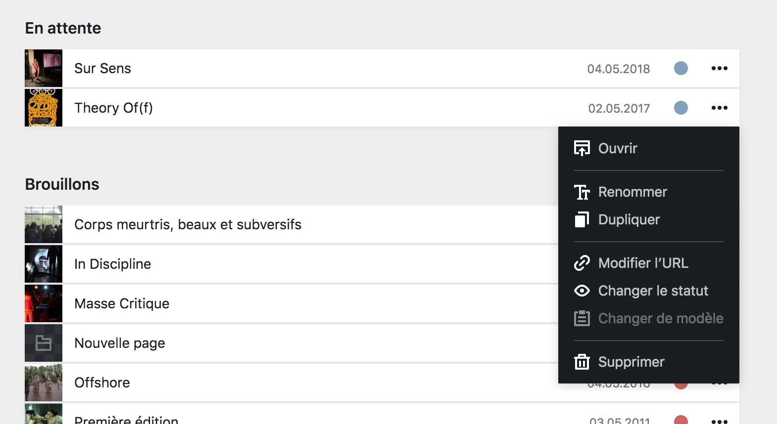 Bouton d&rsquo;options supplémentaires depuis la boîte de page