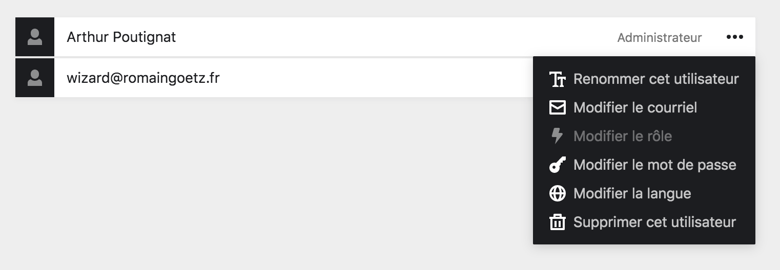 Option de compte à partir de la page Utilisateurs