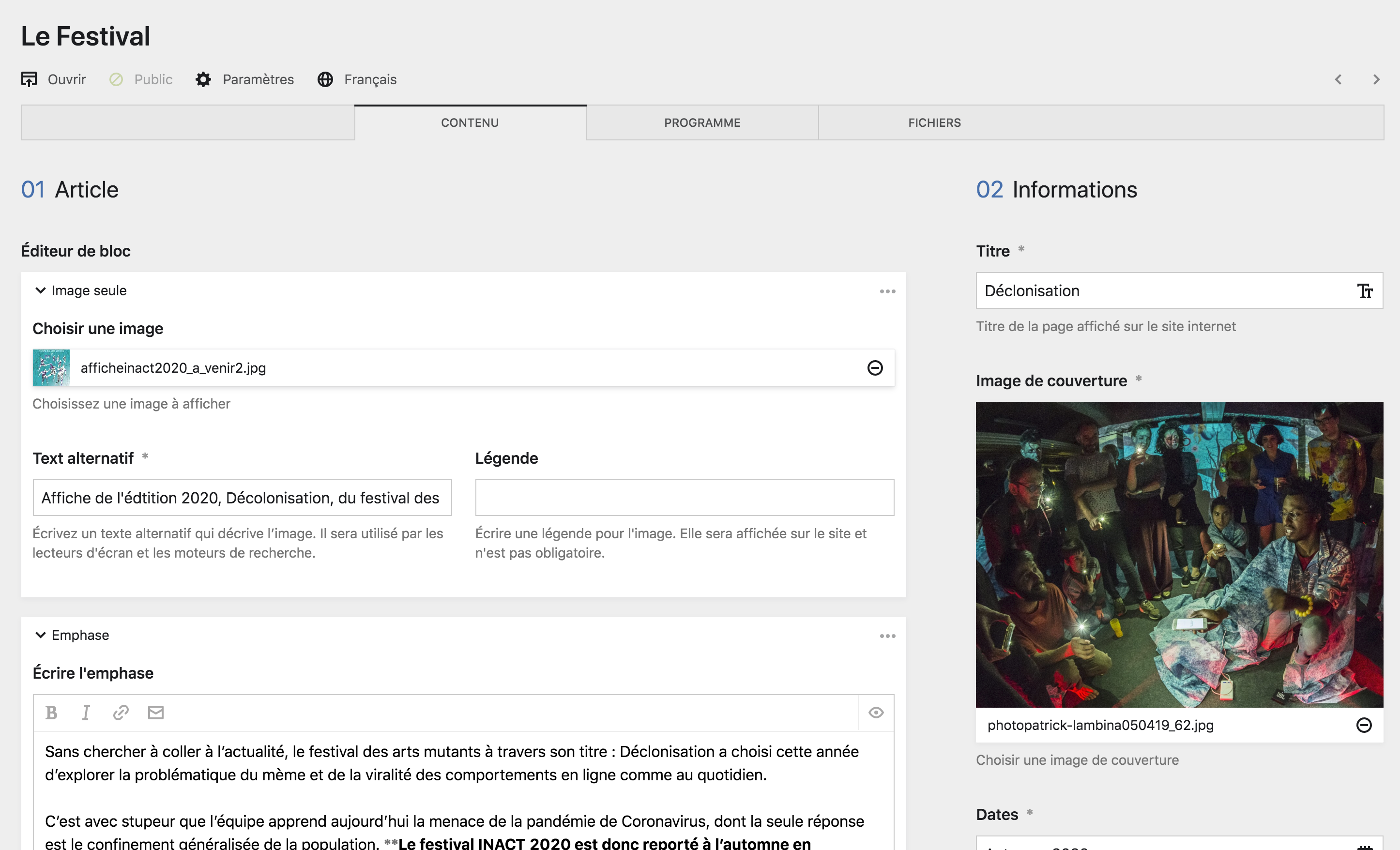 Page festival dans le panel